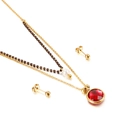 Double-layer necklace and ball stud earrings set in gold with red beads and pearl - Red Round Style (KS136432-Z)