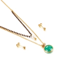 Golden double-layer necklace with green pendant and brown beads set with earrings - Green Round Style (KS136443-Z)