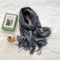 Elegant solid grey cashmere-feel scarf featuring soft fringe trim and brand tag detail - Marl Grey