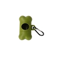 Green bone-shaped pet waste bag dispenser with a black metal carabiner clip - Army Green Bone Dispenser