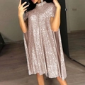 Champagne gold sequin dress featuring a high collar and elegant cape style silhouette - S / Rose Gold