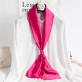 Rose red narrow silk scarf for women with camellia flower knot on white shirt collar - Rose Red