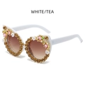 White cat eye sunglasses with gold rhinestones, pink crystals, and bee accents - White/Tea