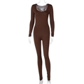 Detailed view of chocolate brown ribbed jumpsuit showing stretch fabric and long sleeve fit - S / Coffee