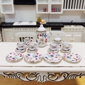15-piece 1:12 dollhouse miniature ceramic tea set with floral patterns and gold trim - Gold Rim Floral Style / Abundant Flowers
