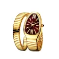 Golden snake-shaped watch with burgundy teardrop dial and crystal bezel for women - Gold Case Red Dial