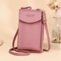 Crossbody phone bag for women in pink leather with Forever Young print and zipper - Lotus Pink