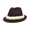Classic dark brown felt fedora hat for women featuring a luxury pearl beaded ribbon band - M (56-58cm) / Coffee