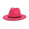 Detailed view of fuchsia wool fedora hat with brown woven leather decorative band - M (56-58cm) / Rose Red