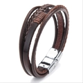 Handmade multilayer dark brown leather cord bracelet with silver magnetic metal clasp - Brown (Silver Clasp)