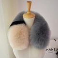 Three-tone faux fox fur neck warmer in grey, black and pink on a mannequin - Smoky Gray+Black+Khaki / 60-80cm