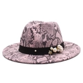 Detail of pink snake print fedora with black ribbon, white pearls and floral accent - M (56-58cm) / Pink