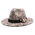 British style fedora hat with snakeskin pattern and pearl floral decorative band - M (56-58cm) / Beige