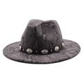Dark grey snakeskin wool fedora hat with studded black leather band and wide brim - Gray