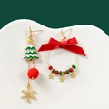 Asymmetric Christmas earrings with red fur balls, gold stars and festive holiday motifs - No.5 Christmas Tree Stud Earrings