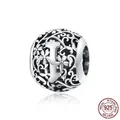S925 sterling silver hollow round bead charm featuring vintage floral pattern and letter I - 925 Silver / Letter I