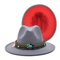 Detail of wool fedora with ethnic woven band, turquoise stone, and pink tassel trim - M(56-58cm) / Grey with Red Inside