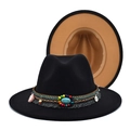 Detail of vintage wool fedora with ethnic beaded band and turquoise stone embellishment - M(56-58cm) / Black with Camel Inside
