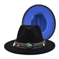 Detail of black fedora hat with blue brim underside and ethnic beaded turquoise band - M(56-58cm) / Black with Royal Blue Inside