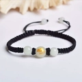 Handmade black cord bracelet with glowing beads and golden zodiac rat pattern charm - Black Rope [Rat]