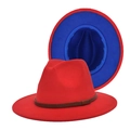 Cappello fedora bicolore in lana a tesa larga, esterno rosso, interno blu e nastro decorato - Rosso + Interno Blu Reale