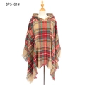 Women's plaid hooded shawl in red green and beige tartan with tassel fringe details - Camel