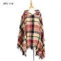 Red and black plaid hooded poncho for women with yellow accents and fringe hem - Black & Jujube Red