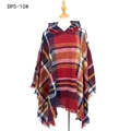 Red and navy plaid hooded poncho with tassels on a mannequin for fall and winter - Burgundy