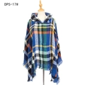 Plaid hooded knit poncho with blue and green tartan patterns and fringe trim - Sapphire Blue