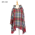 Women's mid-length hooded plaid poncho cape in classic red tartan with decorative fringe - Wine Red