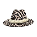 Zebra pattern wool felt jazz hat for women decorated with multi-layer white pearls - M (56-58cm) / Off White