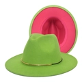 Two-tone fedora hat in grass green and peach pink with a metallic accent band - Fruit Green + Royal Blue