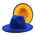Detail of royal blue wool fedora featuring contrasting yellow lining and gold metal trim - Royal Blue & Yellow