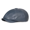 Side view detail of a blue-grey faux leather newsboy cap with six-panel stitching - Blue