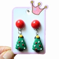Close-up of resin Christmas tree earrings with festive red, green and yellow colors - Style 14 Green Christmas Tree Dangle