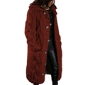 Detail of burgundy chunky knit cardigan featuring large buttons and a cozy hood design - 4XL / Burgundy