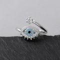 Anello regolabile minimalista malocchio con pietra blu e dettagli in zircone - Occhio del male / Argento