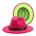 Detail of hot pink wool fedora with green contrast brim and leopard print band - M(56-58cm) / Rose Red & Fruit Green