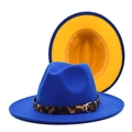 Detail of wool fedora featuring royal blue felt and contrasting ginger yellow interior - M(56-58cm) / Royal Blue & Yellow