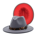 Detail of grey wool fedora hat with red brim underside and leopard print belt strap - M(56-58cm) / Light Gray & Red
