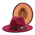 Detail of wool fedora with burgundy exterior, camel interior and leopard print band - M(56-58cm) / Wine Red & Camel