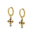 Detailed close-up of golden cross earrings with colorful zircon stones on white background - Gold Base Colorful Zircon