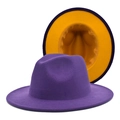 Two-tone wool fedora hat featuring purple exterior and yellow interior with wide brim - M / Purple+Yellow