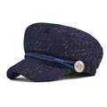 Elegant navy blue tweed baker boy hat with decorative gold crest button for women - M (56-58cm) / Speckled Navy With Silver Thread