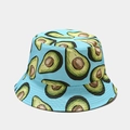 Detailed close-up of light blue bucket hat with hand-drawn avocado pattern and cotton stitching - M (56-58cm) / Large Avocado Pattern Blue
