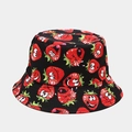 Close-up of black cotton bucket hat with creative cartoon strawberry prints and fabric texture - M (56-58cm) / Strawberry Pattern Black