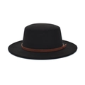 Klassischer schwarzer flacher Wollfilzhut mit braunem Lederband für Damen und Herren - M(56-58cm) / Schwarz