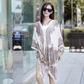 Women's white chiffon sun protection shawl with brown paisley print and V-neckline - White