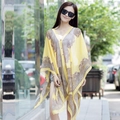 Summer yellow chiffon sun protection shawl with vintage paisley pattern and button closure - Yellow