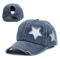 Distressed dark blue denim ponytail baseball cap with silver sequin star and frayed brim - Navy Blue